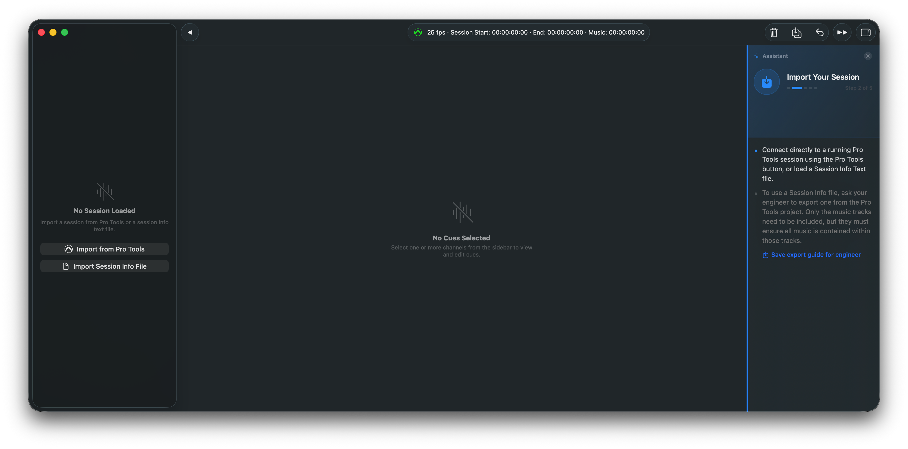 Music Cue Manager import screen: connect to Pro Tools or import a session file