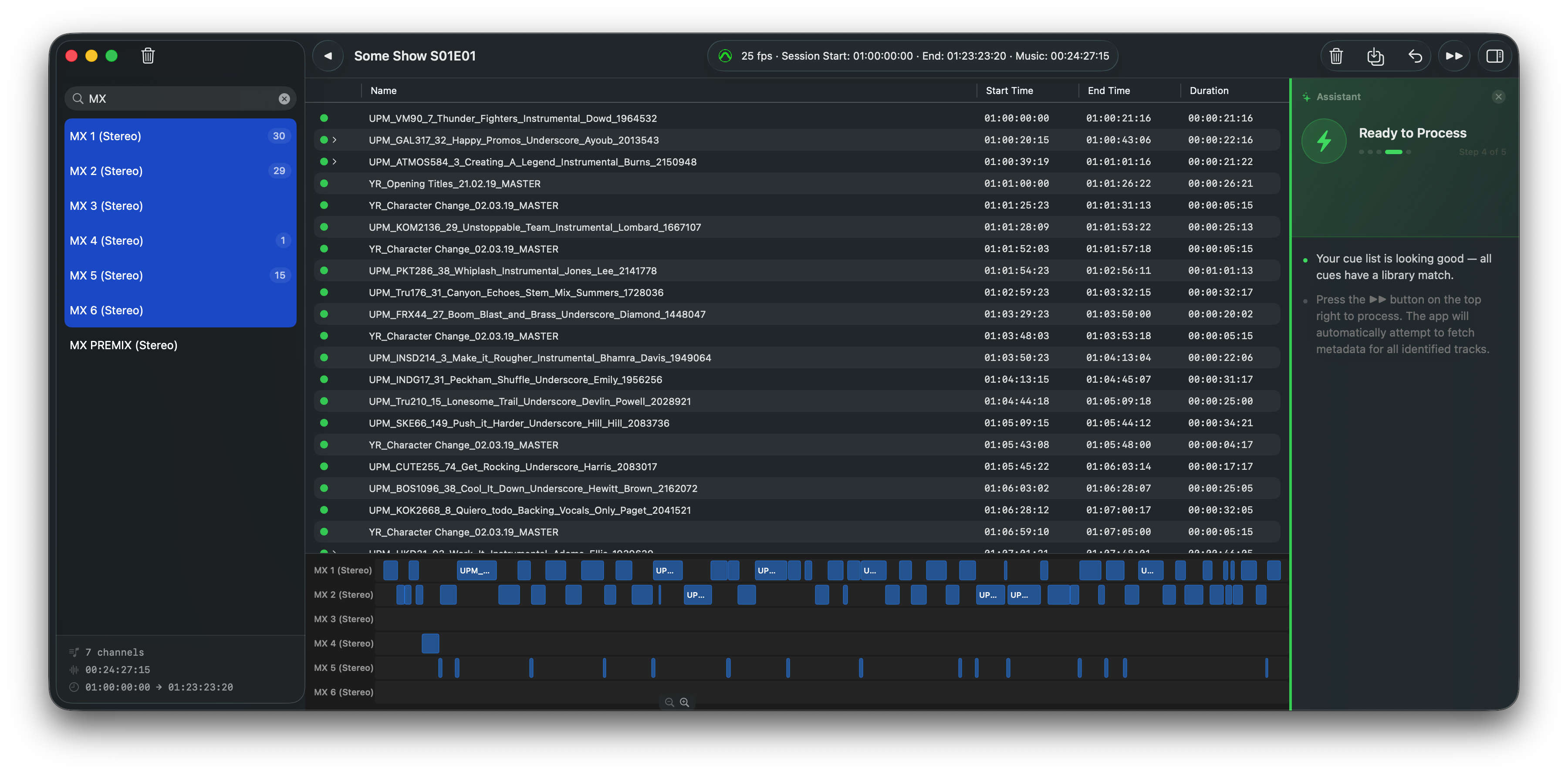 Music Cue Manager showing imported session with tracks ready to process