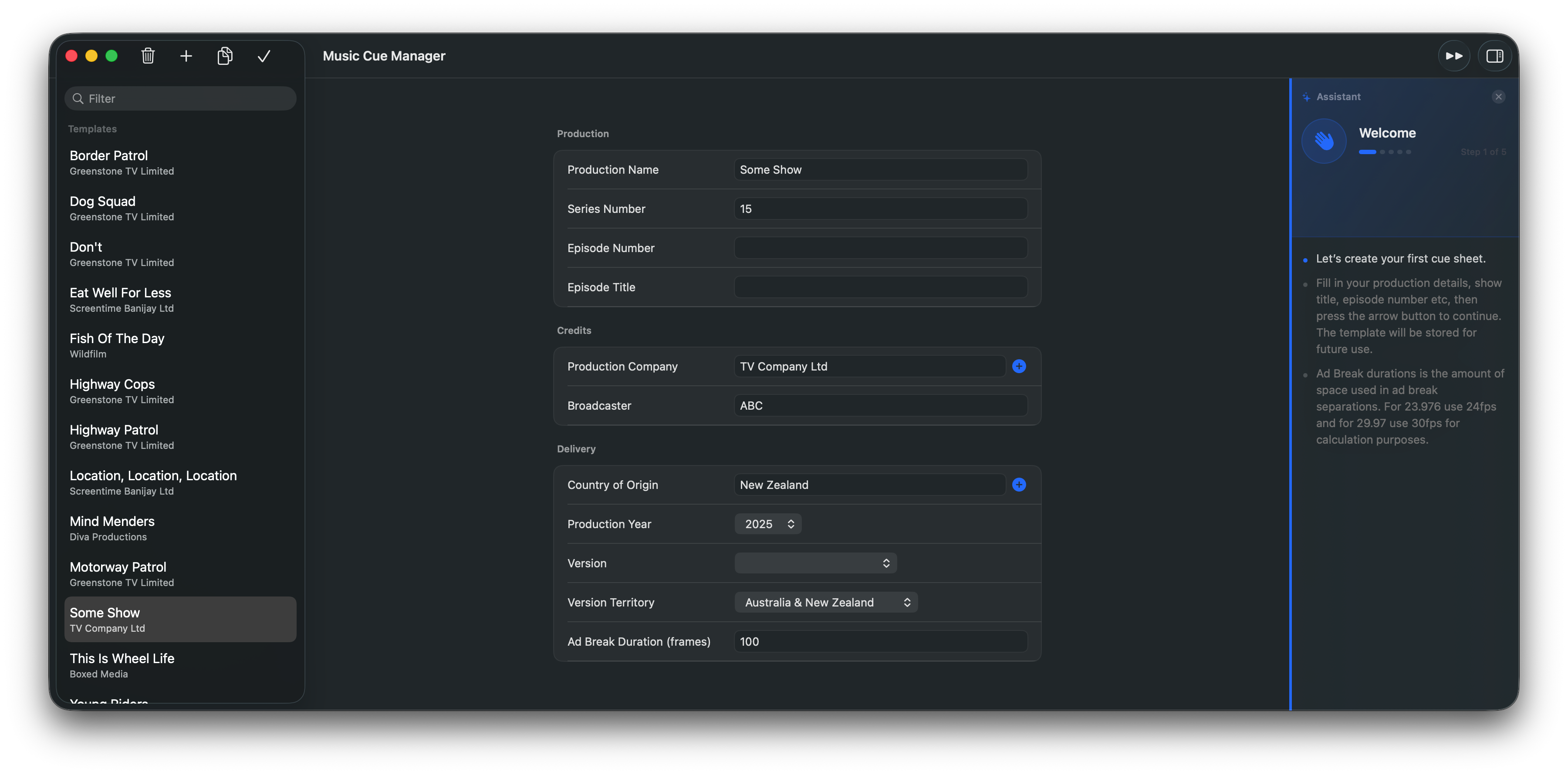 Music Cue Manager project details form with saved templates