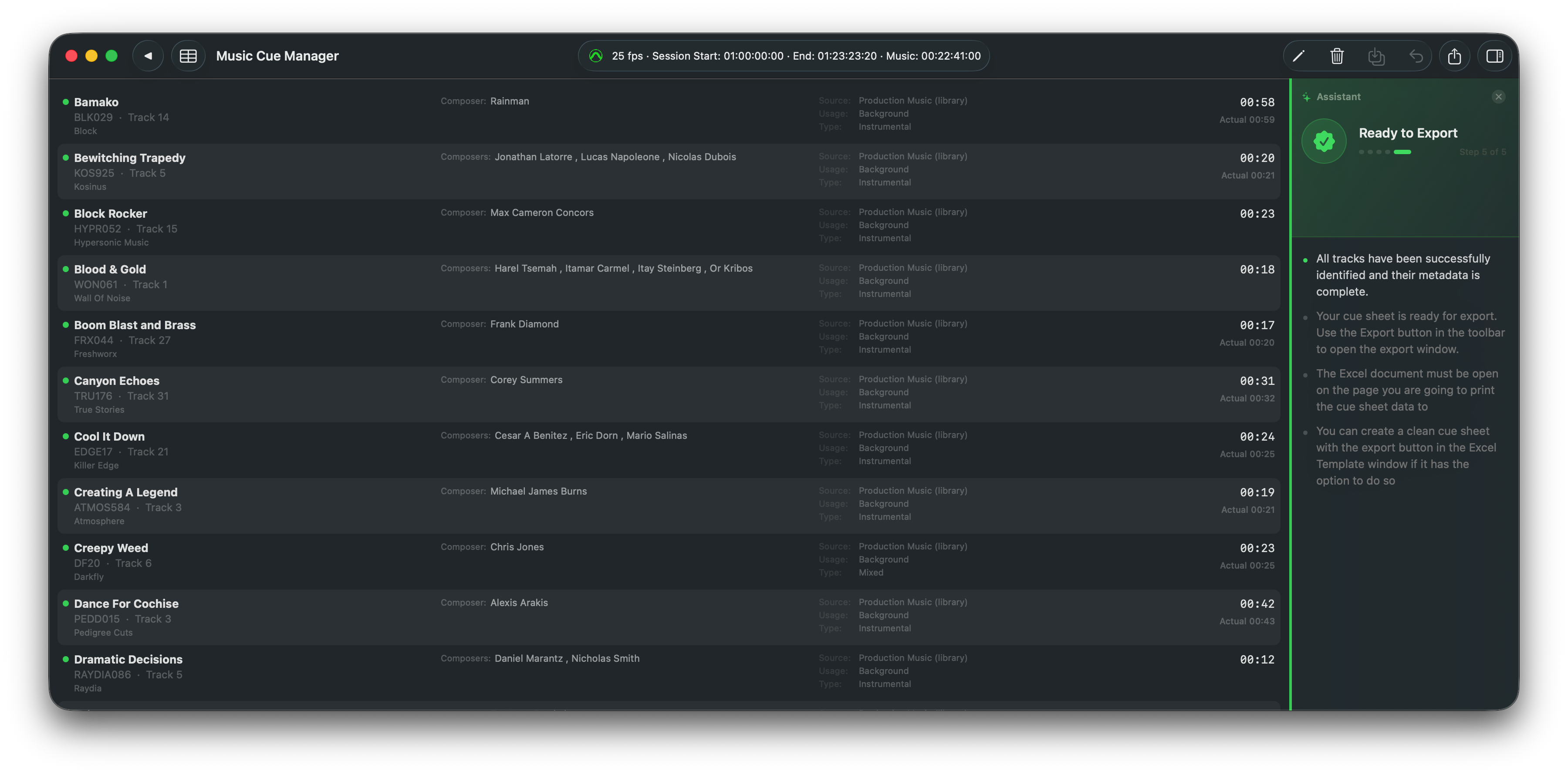 Music Cue Manager track listing with all cues identified and ready to export