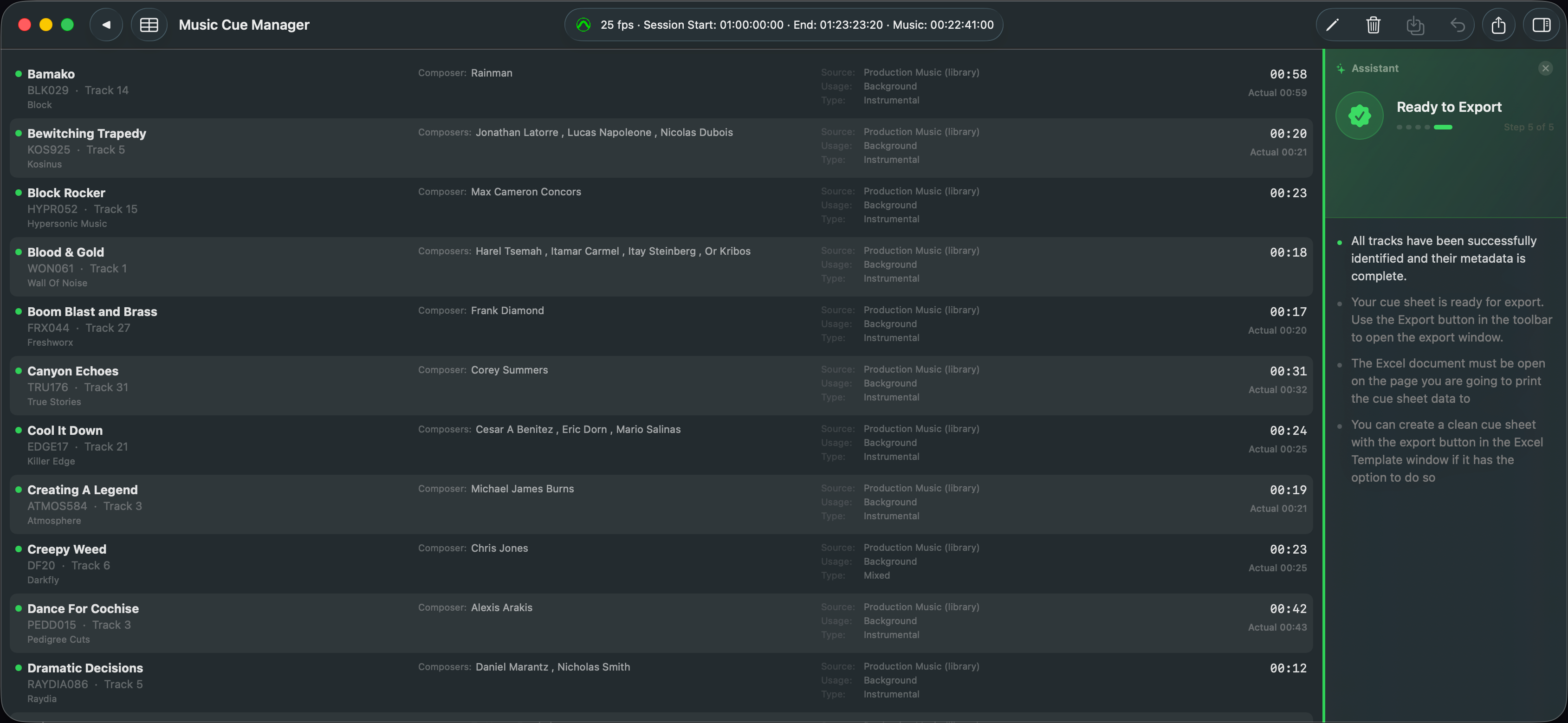 Music Cue Manager: track listing with all cues identified and ready to export